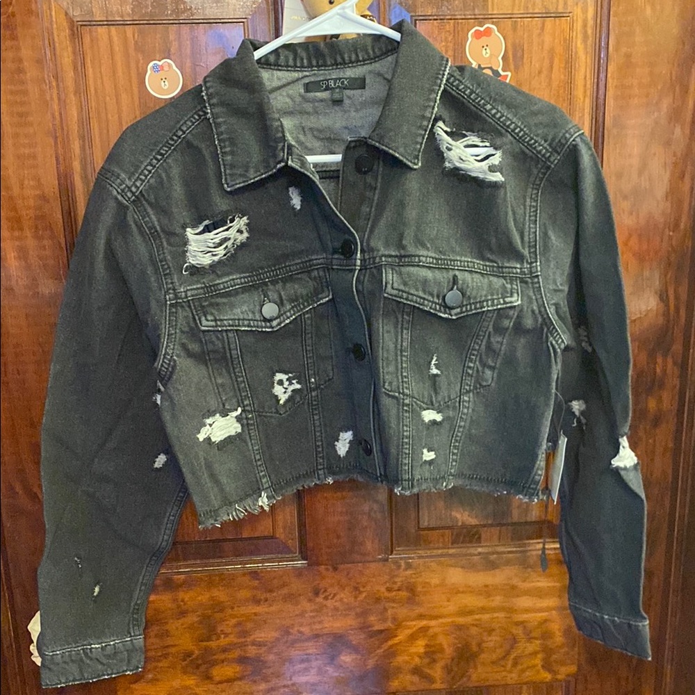 Black Cropped Distressed Jean Jacket